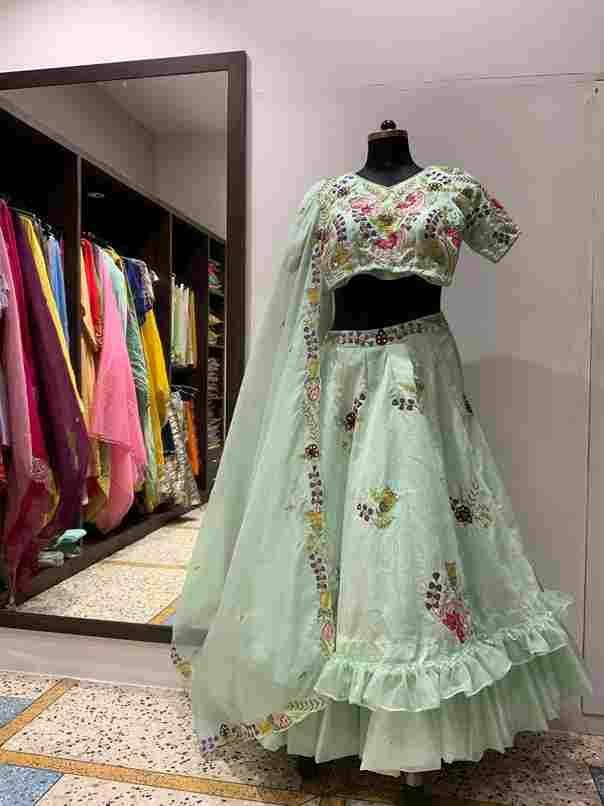 Kiwi green que cutwork duppta dress